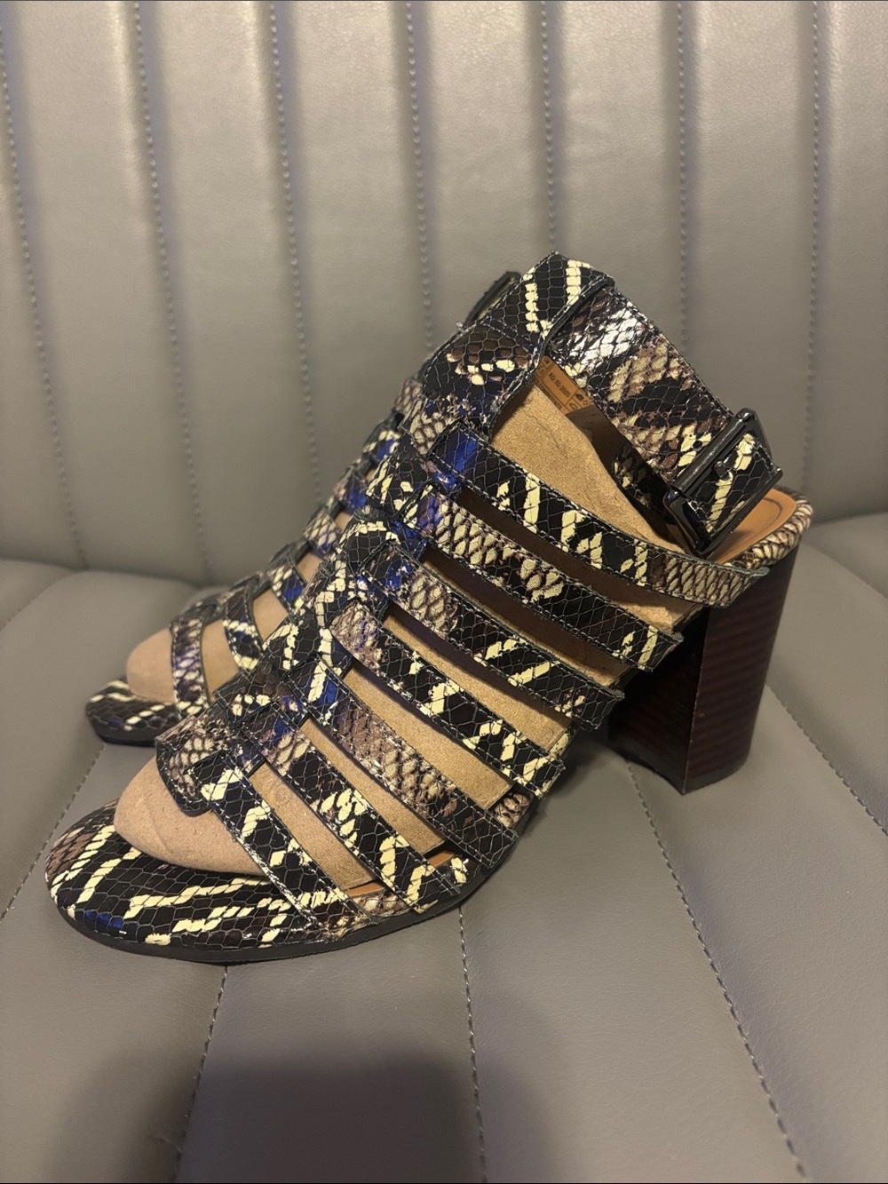Vionic Snake-Print Multi-Strap Block Heel Sandals - Black/Tan/Cream